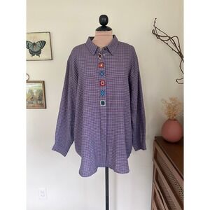 Vintage Granny Square Embroidered Plaid Button Down